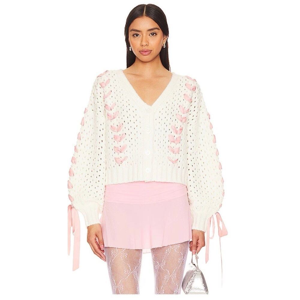 For Love And Lemons Women's Laurel Cardigan White Pink Ribbons Sz XS NEW $229